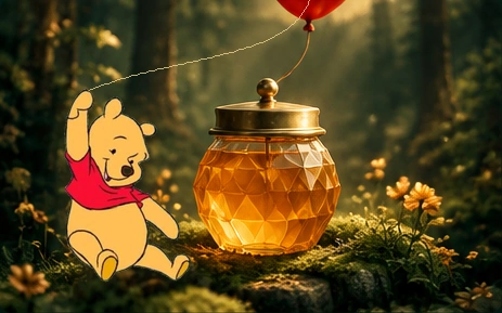 Winnie-the-Pooh and his red balloon among woodland flowers beside a jar of honey